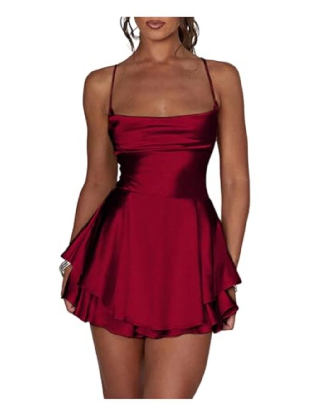 Satin Short Romper Dress Lace Up Tie Ruffle Mini Cocktail Party